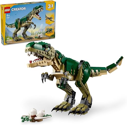 LEGO Creator 3in1 T. rex Toy, Transforms from T.rex to Triceratops to Pterodactyl, Dino Toy Figures for Kids, Posable Dinosaur Model Building Set, Animal Toy Gift Idea for Boys and Girls, 31151