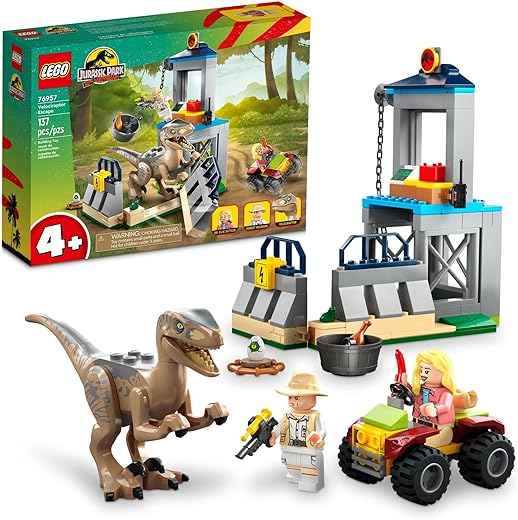 LEGO Jurassic Park Velociraptor Escape 76957 Learn to Build Dinosaur Toy for Boys and Girls; Gift for Kids Aged 4 and Up Featuring a Buildable Dinosaur Pen, Off-Roader Vehicle and 2 Minifigures