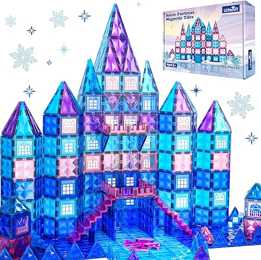 102pcs Frozen Princess Castle Magnetic Tiles Building Blocks - 3D Diamond Blocks, STEM Educational Toddler Toys for Pretend Play, 4 Year Old Girl Birthday Gifts Kids Ages 3 5 6 7 8 - Blue