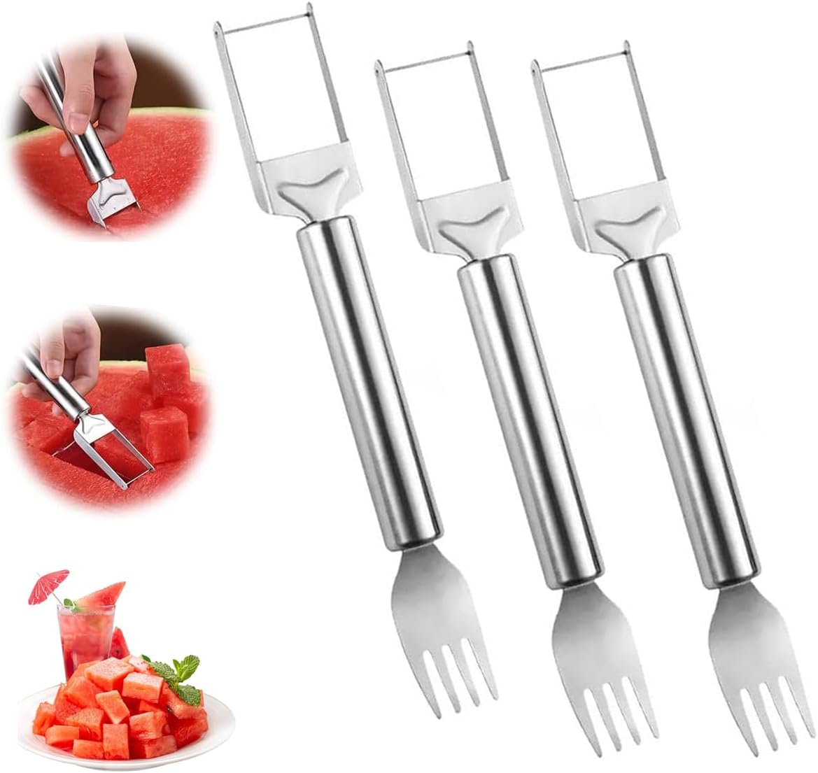 2-in-1 Stainless Steel Fruit Cutter, Upgraded Watermelon Fork Slicer Cutter Slicer Tool, Dual Head Fruit Forks Slicer Knife with Round Handle (3PCS)