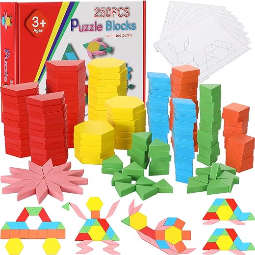 250 Pcs Wooden Pattern Blocks for Learning Geometric Shapes Blocks Educational Puzzle Toys for Kindergarten Classroom Recognition