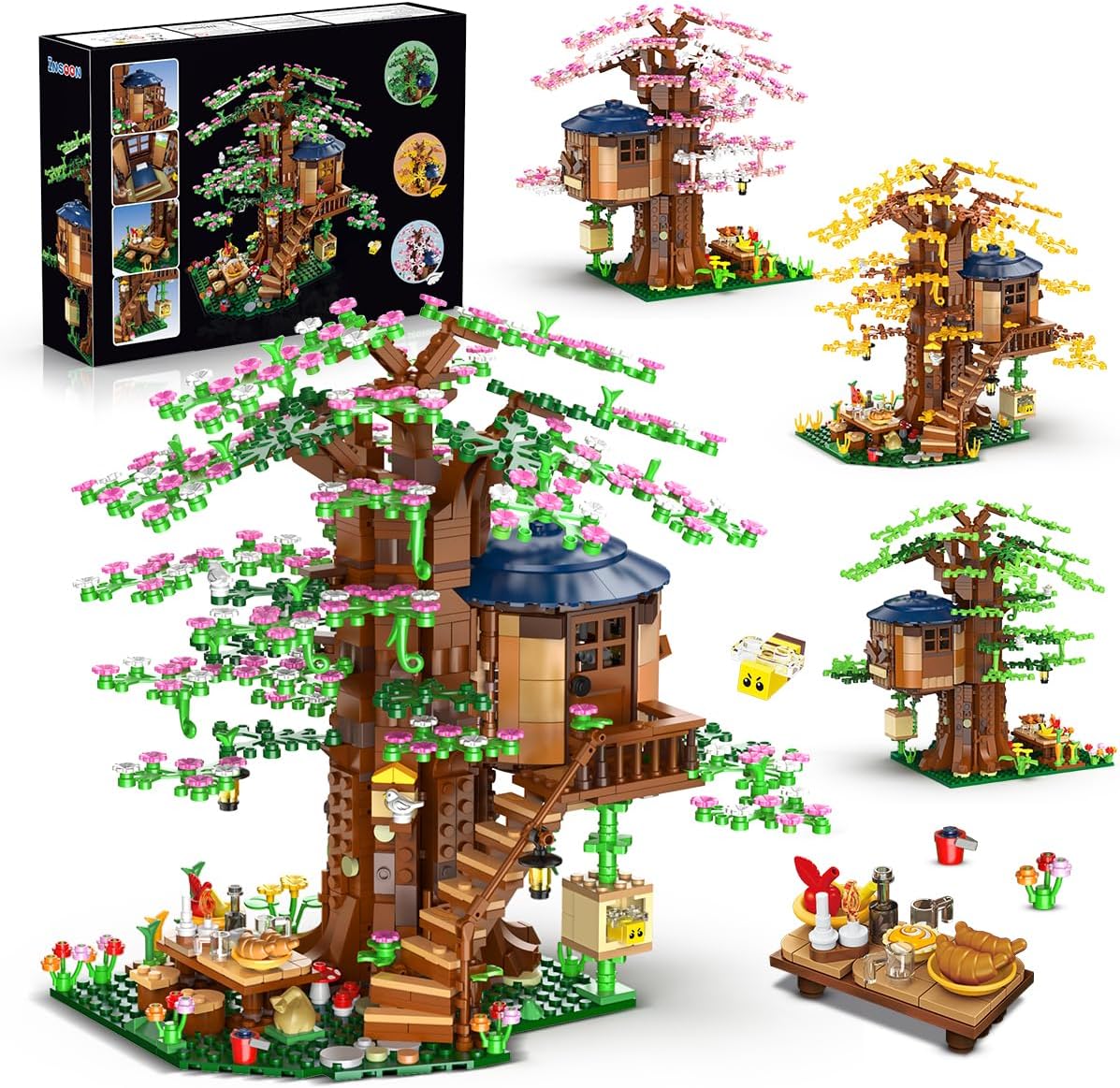 4 in 1 Tree House Building Set with LED Light, 1157 PCS Flowers Treehouse Building Block Toy, Forest Wood House Building Kit with Bird Bees, Birthday Gift for Adults Teens Kids Girls Boys 10+