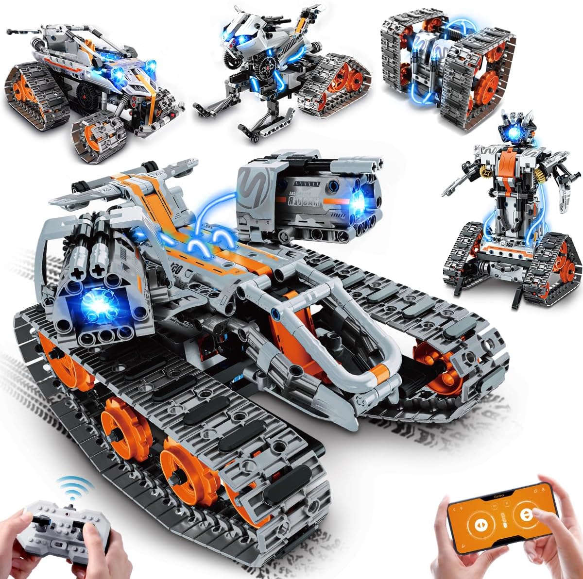 5-in-1 Building Toys with LED Light, APP & Remote Controll STEM Building Block Set, 604 PCS RC Tech Tank Robot Sleigh Tracked Racer Toy Gift for Kids Boys Girls Ages 6 7 8 9 10 11 12+ Years Old