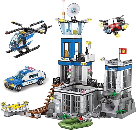 City Police Prison Island Building Blocks Set, Police Station Building Toy Kit with Police Car Drone Helicopter Boats, Best Preschool Toys Gift for Kids, Boys, and Girls Aged 6+ (946 Pieces)