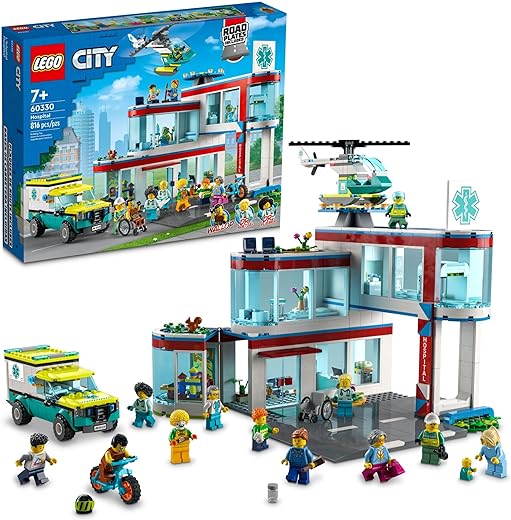 LEGO City Hospital Building Set 60330 with Toy Ambulance, Rescue Helicopter and 12 Mini Figures, Pretend Play Toy Hospital for Educational Fun, Connect to Other City Sets, for Kids Age 7+
