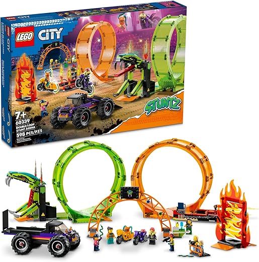 LEGO City Stuntz Double Loop Stunt Arena 60339, Monster Truck Playset with 2 Toy Motorcycles, Ramp, Wall of Flames, Ring of Fire, Snapping Snake Loop and 7 Minifigures, for Kids Ages 7 Plus
