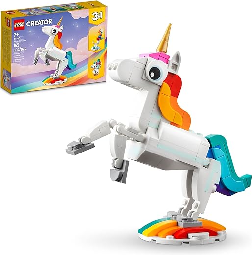 LEGO Creator 3 in 1 Magical Unicorn Toy, Transforms from Unicorn to Seahorse to Peacock, Rainbow Animal Figures, Unicorn Gift for Grandchildren, Girls and Boys, Buildable Toys, 31140