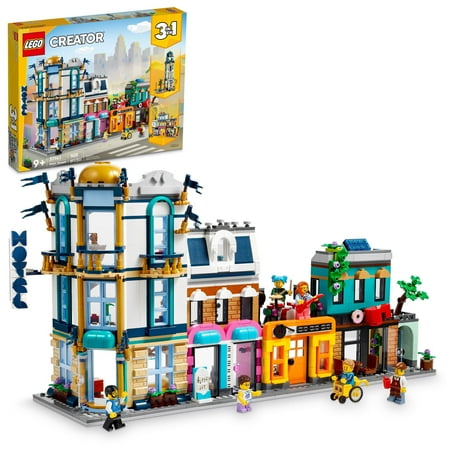 LEGO Creator 3 in 1 Main Street Building Toy Set, Features a Toy City, Art Deco Building, Market Street, Hotel, Café, Music Store and 6 Minifigures, Endless Play Possibilities for Kids, 31141