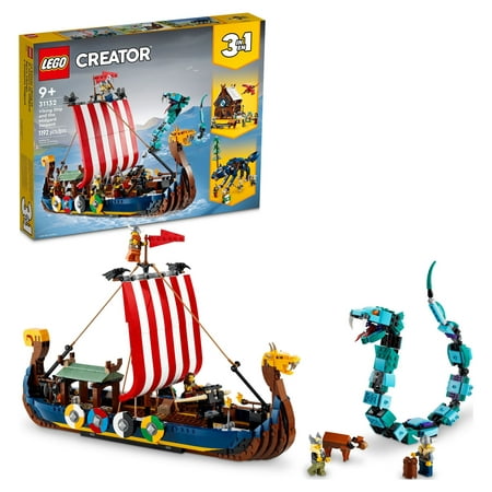 LEGO Creator 3 in 1 Viking Ship and the Midgard Serpent, Transforms from Amazing Ship to Viking House or Fenris Wolf Figure, Gifts for Kids, Boys, and Girls, 31132