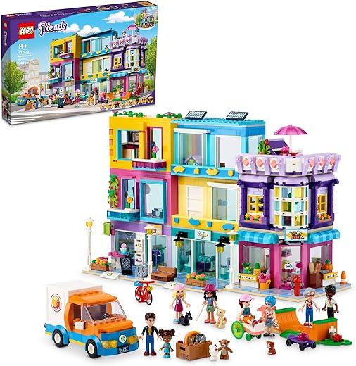 LEGO Friends Main Street Building, Heartlake City Café & Hair Salon 41704, Modular Building Toy Doll House for Pretend Play Fun with Shops, Hair Salon and Mini Dolls, Gift Idea for Kids Girls Boys 8+